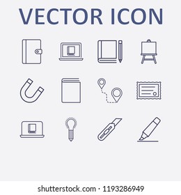 Outline 12 school icon set. book and pencil, online book reading, notebook, certificate, painting board and magnet vector illustration