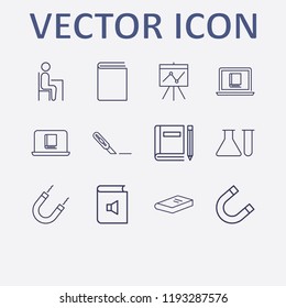 Outline 12 school icon set. board in analytics, book sound, pupil, book, book and pencil and flask and tube vector illustration