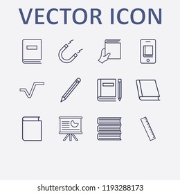 Outline 12 school icon set. online learning, ruler, book, magnet, square root and board in analytics vector illustration