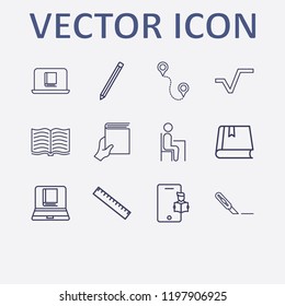 Outline 12 school icon set. online learning, square root, hand with book, ruler, online book reading and pencil vector illustration