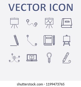 Outline 12 school icon set. pencil, painting board, board, board in analytics, pen and book vector illustration