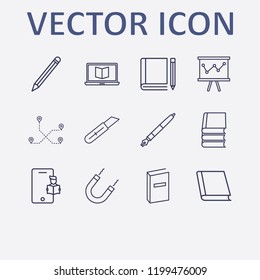 Outline 12 school icon set. pen, distance, stationery knife, book and pencil, magnet and online learning vector illustration