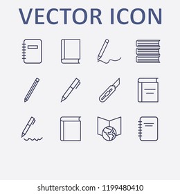 Outline 12 school icon set. notebook, pencil, stationery knife, pen, book and online learning vector illustration