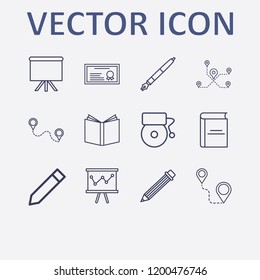 Outline 12 school icon set. board, book, pencil, certificate, board in analytics and school bell vector illustration
