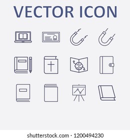 Outline 12 school icon set. notebook, online learning, book, book and pencil, magnet and book with brain vector illustration