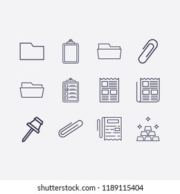 Outline 12 sheet icon set. paper pin, clipboard, paper clip, gold, newspaper and folder vector illustration