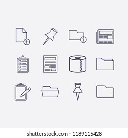 Outline 12 sheet icon set. paper pin, clipboard, folder, newspaper, document add, toilet paper and information folder vector illustration