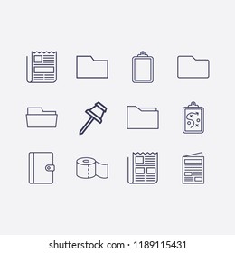 Outline 12 sheet icon set. folder, clipboard with tactic, newspaper, clipboard, notebook, paper pin and toilet paper vector illustration