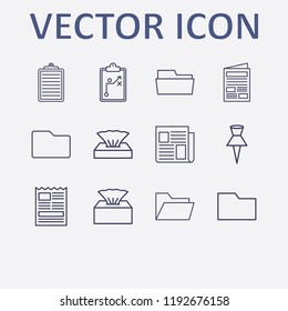 Outline 12 sheet icon set. napkin box, folder, clipboard, clipboard with tactic, paper pin and newspaper vector illustration