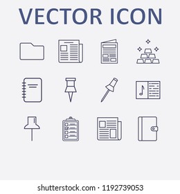 Outline 12 sheet icon set. clipboard, folder, melody notebook, gold, paper pin and newspaper vector illustration