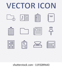 Outline 12 sheet icon set. napkin box, paper pin, information folder, newspaper, melody notebook and clipboard vector illustration
