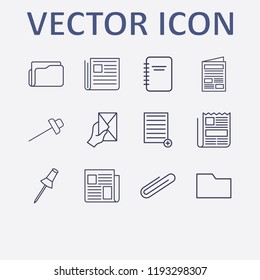 Outline 12 sheet icon set. paper clip, paper pin, add document, folder, letter with hand and newspaper vector illustration