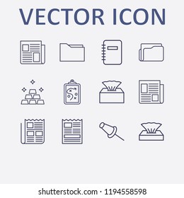 Outline 12 sheet icon set. gold, clipboard with tactic, paper pin, napkin box, folder and notebook vector illustration