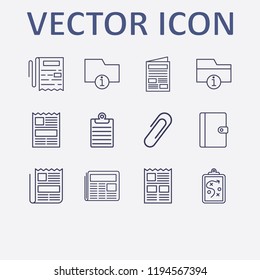 Outline 12 sheet icon set. clipboard, newspaper, clipboard with tactic, information folder, notebook and paper clip vector illustration