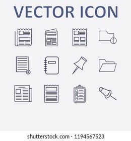 Outline 12 sheet icon set. information folder, notebook, add document, clipboard, newspaper and folder vector illustration