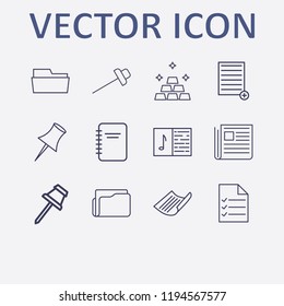 Outline 12 sheet icon set. document list, notebook, melody notebook, paper pin, folder and add document vector illustration