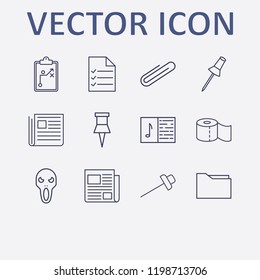 Outline 12 sheet icon set. melody notebook, paper clip, halloween ghost, document list, newspaper and paper pin vector illustration