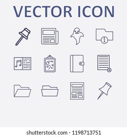 Outline 12 sheet icon set. clipboard with tactic, add document, melody notebook, paper pin, information folder and halloween ghost vector illustration