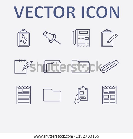 Outline 12 sheet icon set. notebook feather pen, clipboard, newspaper, clipboard with tactic, paper clip and hand with clipboard vector illustration