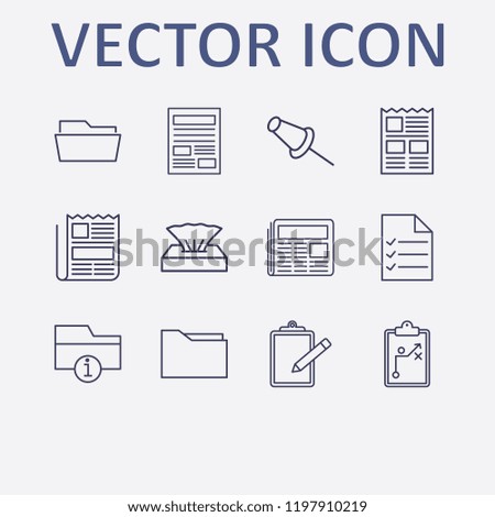Outline 12 sheet icon set. document list, information folder, clipboard with tactic, clipboard, napkin box and newspaper vector illustration