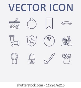 Outline 12 Shiny Icon Set. Award Medal, Broken Pipe, Ring, Ladle, Police Badge And Bowling Ball Vector Illustration