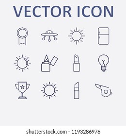 Outline 12 shiny icon set. lighter, whistle, lipstick, sun, lamp and award medal vector illustration