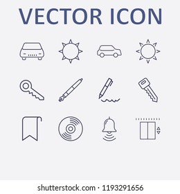 Outline 12 shiny icon set. car, pen, key, sun, elevator and bookmark vector illustration