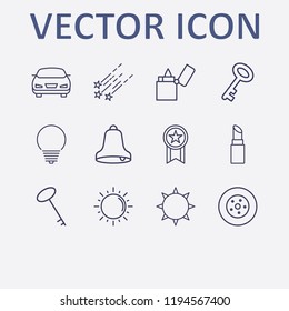 Outline 12 shiny icon set. bell, lighter, key, star fall, lamp and sun vector illustration