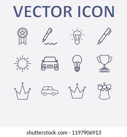 Outline 12 shiny icon set. award cup, award, pen, bell, sun and car vector illustration