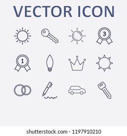 Outline 12 shiny icon set. lamp, key, car, pen, crown and wedding ring vector illustration