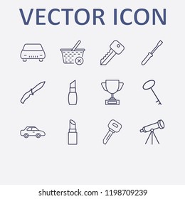 Outline 12 shiny icon set. car, award cup, telescope, close basket, screwdriver and soldier knife vector illustration