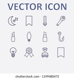 Outline 12 shiny icon set. bookmark, fish hook, moon, lamp, wrench and car wash vector illustration