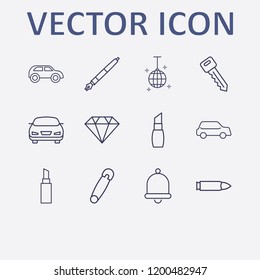 Outline 12 shiny icon set. lipstick, disco ball, car, safety pin, bullet and key vector illustration