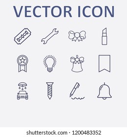 Outline 12 shiny icon set. bookmark, car wash, lamp, ribbon, pen and razor blade vector illustration