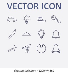 Outline 12 shiny icon set. knife, dish, lamp, key, car and bowling ball vector illustration