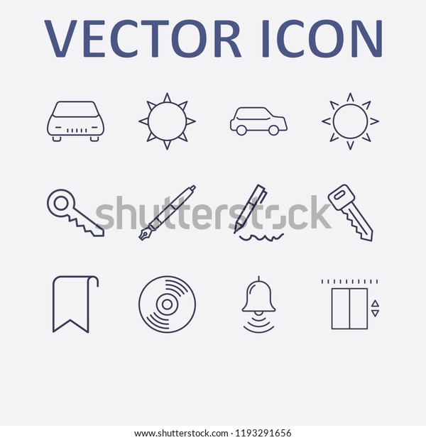 Outline 12 shiny icon set. car, pen, key,\
sun, elevator and bookmark vector\
illustration