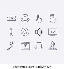 Outline 12 show icon set. finger click, sound, tv, magic stick, k, fireworks, dj, two fingers, magic hat and movie ticket vector illustration