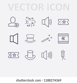 Outline 12 show icon set. movie ticket, magic stick, fireworks, magic hat, k, sound and user mediaplayer vector illustration