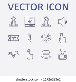 Outline 12 show icon set. dj, audio conference, magic hat, fireworks, tv and finger click vector illustration