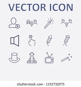 Outline 12 show icon set. magic stick, tv, dj, fireworks, magic hat and finger click vector illustration