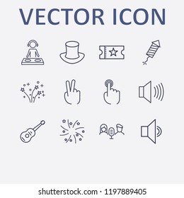 Outline 12 show icon set. audio conference, finger click, sound, guitar, fireworks and two fingers vector illustration