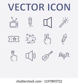 Outline 12 show icon set. fireworks, two fingers, tv, finger click, movie ticket and magic stick vector illustration