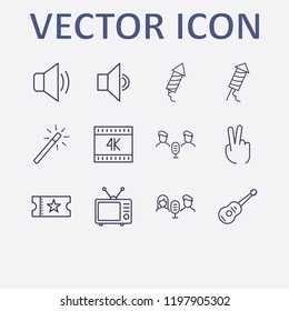 Outline 12 show icon set. movie ticket, two fingers, sound, fireworks, guitar and magic stick vector illustration