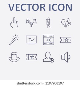 Outline 12 show icon set. tv, middle finger, magic stick, audio conference, fireworks and user mediaplayer vector illustration