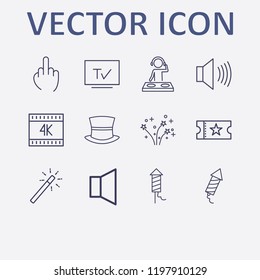 Outline 12 show icon set. tv, k, movie ticket, fireworks, middle finger and dj vector illustration