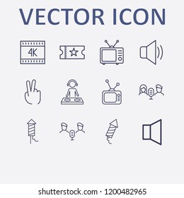 Outline 12 show icon set. audio conference, two fingers, dj, k, sound and movie ticket vector illustration