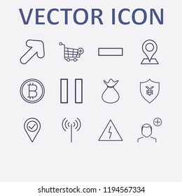 Outline 12 sign icon set. arrow, pause, location check, money bag, add to shopping cart and danger vector illustration