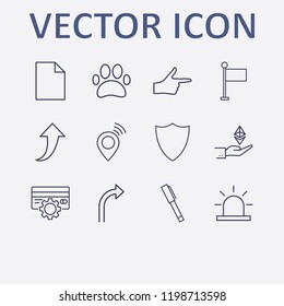 Outline 12 sign icon set. credit card setting, location, document, flag, turn right arrow and finger right vector illustration