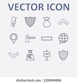 Outline 12 sign icon set. forbidden ice cream, parking barrier, arrow, road sign, money bag and globe chat vector illustration