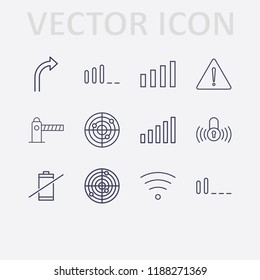 Outline 12 signal icon set. radar, no battery, signal bars, warning, turn right arrow, parking barrier, wifi and lock signal vector illustration
